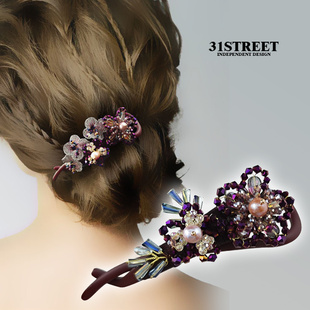 31街花饰百搭紫色水晶花朵发夹串珠头饰轻奢刺绣头花后脑勺头饰女