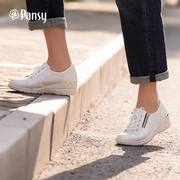 Pansy日系女鞋休闲透气纯色小白鞋圆头中跟系带坡跟单鞋7046