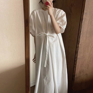 韩国chic夏季法式优雅圆领绑带，设计宽松休闲泡泡袖连衣裙长裙女