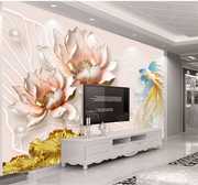 3d大气电视背景墙壁画墙布，客厅影视墙，壁纸沙发浮雕荷花鱼墙纸立体