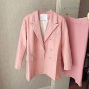韩版宽松长袖中长款西装外套，女粉色豆绿色，春季上衣文艺百搭单品