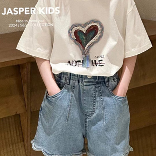 波拉韩国童装JASPER夏女童上衣白色爱心流苏儿童短袖t恤女潮