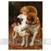 印花dmc棉线十字绣套件客厅，卧室名画油画，欧式人物女孩与狗二