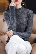 羊毛衫女半高领镂空针织套头毛衣立体雕花蕾丝羊绒打底衫22年