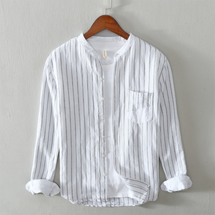 亚麻男士长袖条纹立领衬衫青年，白色宽松休闲衬衣，棉麻布开衫外套潮