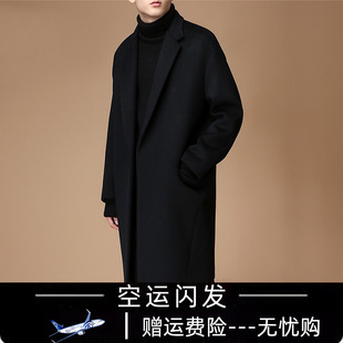 过膝风衣男冬季韩版学生羊绒，大衣男中长款青年潮流，毛呢子(毛呢子)外套帅气
