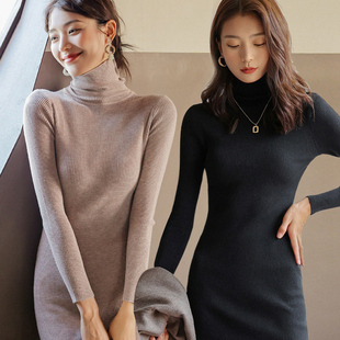 韩版时尚女神气质高领，针织连衣裙性感包臀