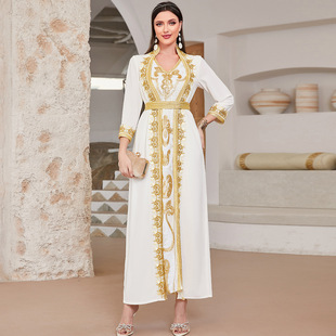 中东阿拉伯重工假两件金色蕾丝亮片刺绣珠绣迪拜旅游长裙 dress