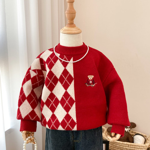 女童毛衣秋冬款2023加厚洋气圆领时尚保暖儿童冬季红色打底衫