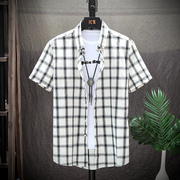 夏季黑白格子衬衫男短袖，韩版潮流帅气寸衣外套工装衬衣纯棉格子衫