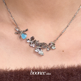 booneealus小众原创设计项链，2024春季花朵，蓝色锆石蝴蝶项链