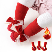 宝宝地板鞋袜冬季加厚中筒防滑婴儿红色蝴蝶结公主鞋大红中筒袜子