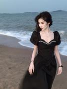 夏季海边度假气质长裙，赫本风高端精致黑色，短袖连衣裙子女神范