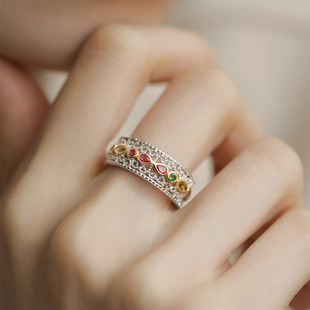 复古宫廷风蕾丝彩锆戒指，女轻奢风小众，设计百搭高级感食指戒潮指环