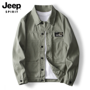 jeep春秋季牛仔外套，男士韩版军绿色水洗，纯棉工装户外夹克宽松秋衣