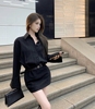 黑色长袖衬衫连衣裙女春季2024气质衬衣裙子，腰带收腰包臀短裙
