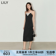 LILY2024夏女装设计感复古气质通勤款优雅假两件吊带裙小黑裙