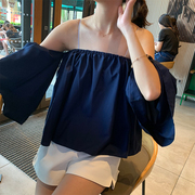 韩版夏季抹胸性感漏肩喇叭，袖上衣百搭甜美宽松一字领露肩衬衫女