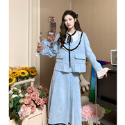 花妖原创2023秋季复古法式荷叶边喇叭袖蓝色外套高腰长裙两件套装