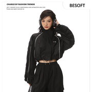 besoft美式复古冲锋衣女春秋季设计感小众抽绳黑色夹克短款外套潮
