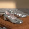 法式玛丽珍浅口鞋子真皮春夏银色圆头金属感珍珠中跟单鞋女
