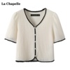 拉夏贝尔/La Chapelle设计感V领短袖衬衫女夏气质泡泡袖上衣