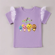 萌鸡小队夏季儿童上衣3-8岁童装女孩童蕾丝半袖T恤纯棉印花体恤衫