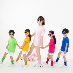 精梳棉彩色糖果亲子短袖t恤儿童，幼儿园班服运动会，表演服装多巴胺