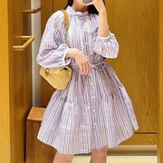 卓雅舞者法单s家23夏季法式泡泡袖紫色条纹收腰连衣裙51135