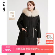 皮毛一体LANDI大毛领派克服女款冬季黑色皮草外套中长款
