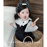 婴儿衣服春秋韩版条纹双层娃娃领衬衫上衣背带包屁哈衣两件套
