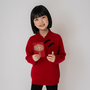 100%羊绒女童羊绒衫儿童毛衣新年红色拜年服中国风百搭中大童