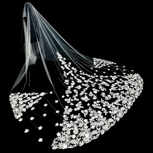 新娘结婚主婚纱头纱，超仙森系花朵头纱拍摄道具，蕾丝长款拖尾头纱