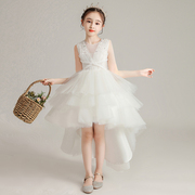 白色公主裙女童高端小女孩主持人，花童白纱裙(白纱裙，)儿童钢琴表演礼服夏季