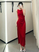za红色天鹅绒吊带连衣裙，女秋冬法式时尚，气质复古长裙子8387887