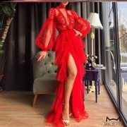 reddress性感红色透视不规则，开衩舞会派对晚礼服结婚新娘敬酒服