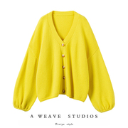 重磅加厚!柠檬黄灯笼，袖v领粗针羊绒毛衣开衫，女纯羊绒针织开衫