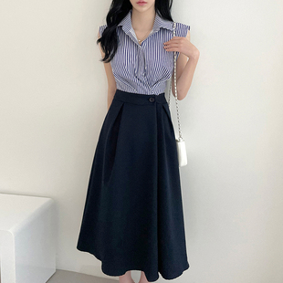 韩国chic复古气质条纹撞色拼接假两件高腰，系扣无袖背心连衣裙长裙