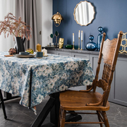 法式复古蓝色油画花朵提花桌布高级感长方形刺绣餐桌茶几盖巾台布