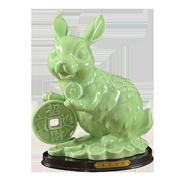 绿色陶瓷玉兔摆件十二生肖青色兔子，摆设瓷器客厅招财风水镇宅补角