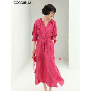 cocobella玫瑰花苞腰绳捏褶衬衫裙气质玫红色，度假连衣裙fr169