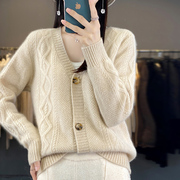 秋冬v领100%羊绒开衫，女纯色绞花长袖，毛衣宽松羊毛衫针织外套