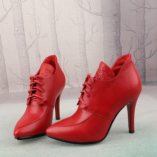 红色时尚尖头超高跟系带牛皮真皮女鞋子日常深口纯色单鞋P81-2