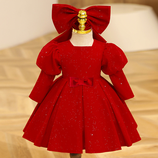 韩版花童婚礼女童生日礼服红色小女孩演出服儿童周岁公主裙春长袖
