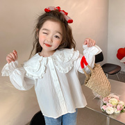 儿童娃娃领衬衫纯色春秋女小童，白色衬衣秋装，女童上衣简约韩版洋气
