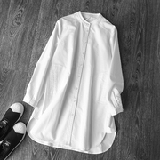 欧美春秋立领显瘦中长款纯棉白衬衣(白衬衣)女装长袖，宽松休闲衬衫上衣大码