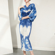 设计师款 扎染印花蝙蝠袖V领连衣裙 23春季法式复古裙