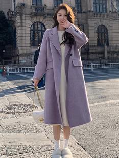 紫色毛呢大衣2023秋冬女装，韩系高级感穿搭小个子中长款外套女