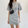 韩国东大门2024夏季圆领，纯色高腰短裙休闲时尚包臀短袖连衣裙