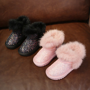 女童雪地靴2024冬季亮粉棉靴公主短靴，兔毛加绒2-10岁儿童靴子